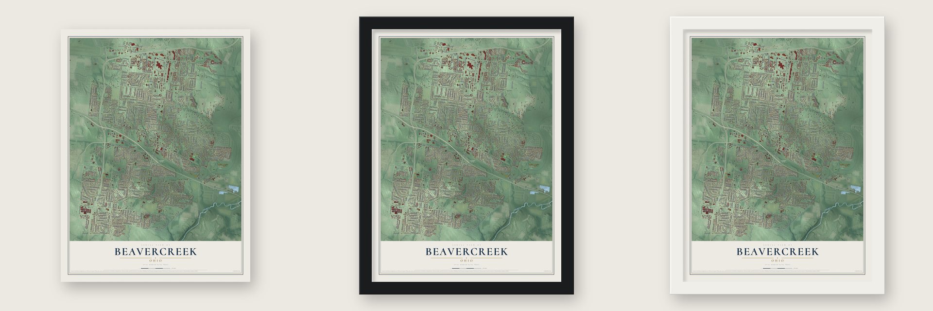 Beavercreek, Ohio map unframed, in a black wood frame and in a white wood frame