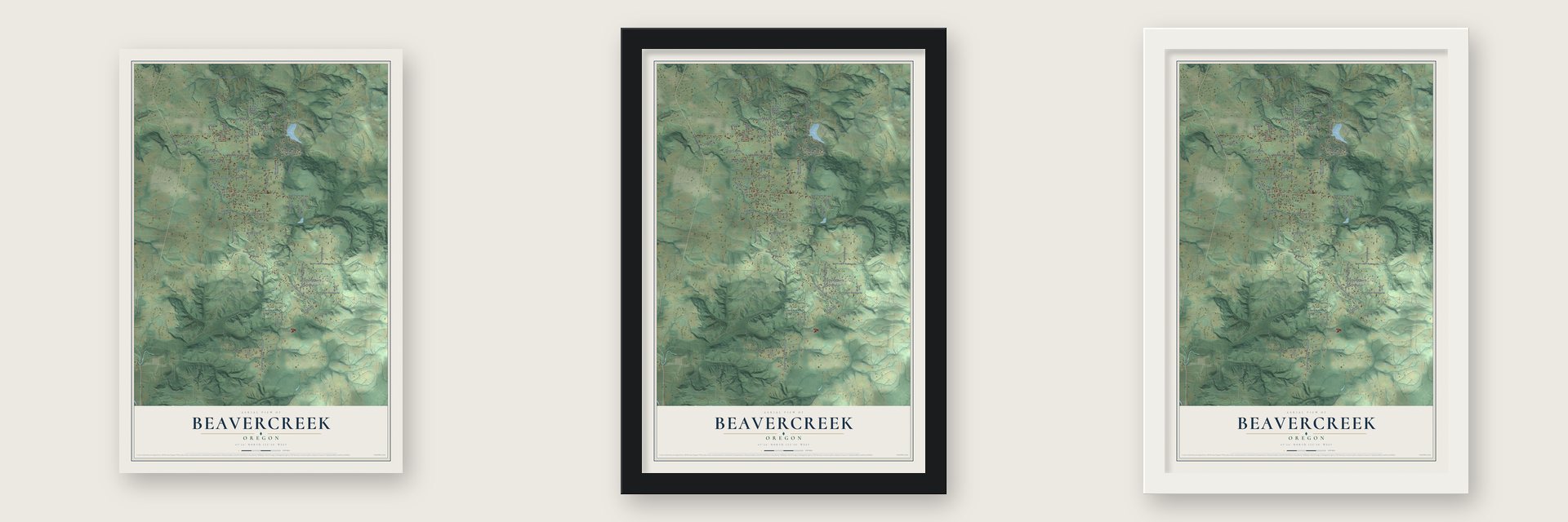 Beavercreek, Oregon map unframed, in a black wood frame and in a white wood frame