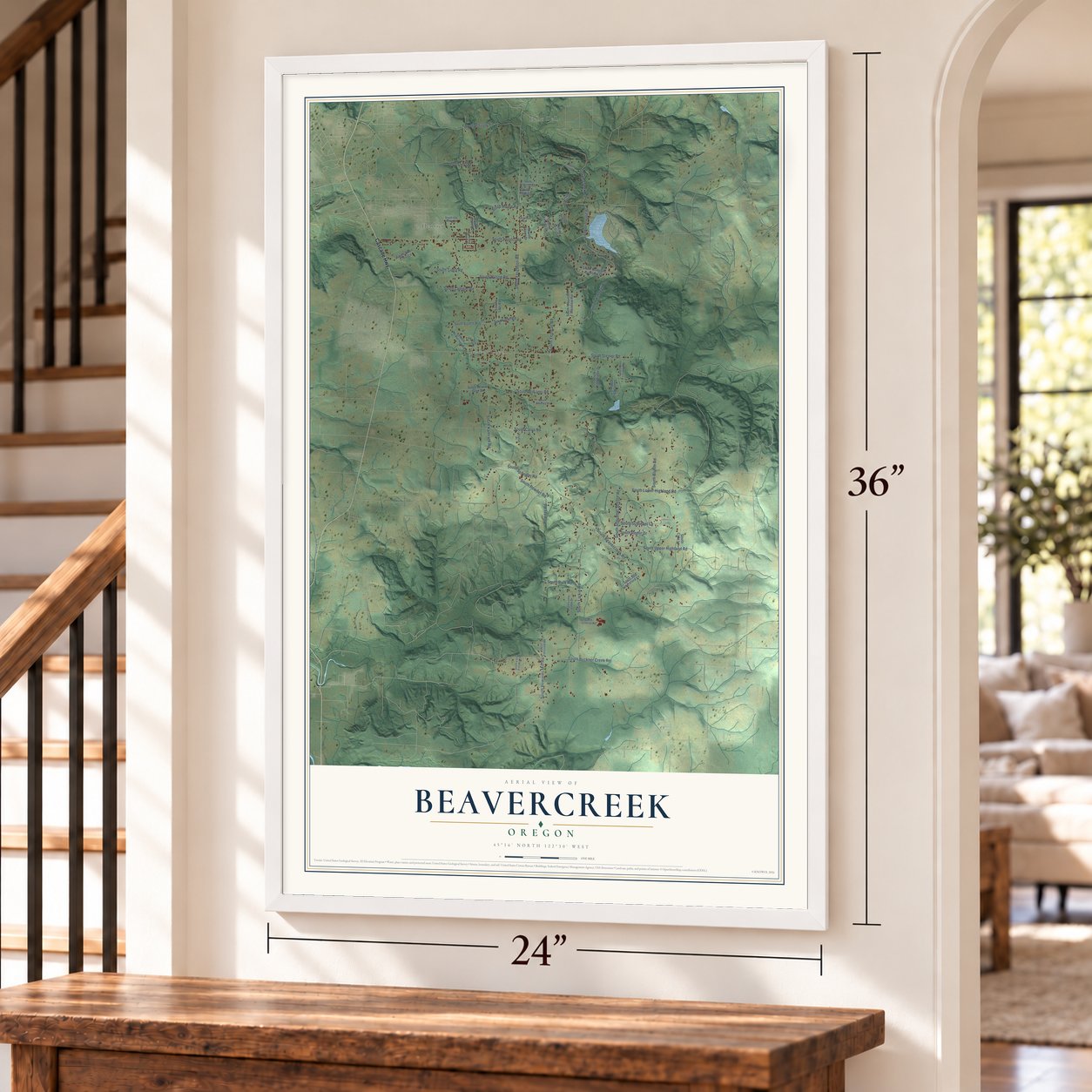 Beavercreek, Oregon map, 24 x 36 inch print in a white frame by a staircase