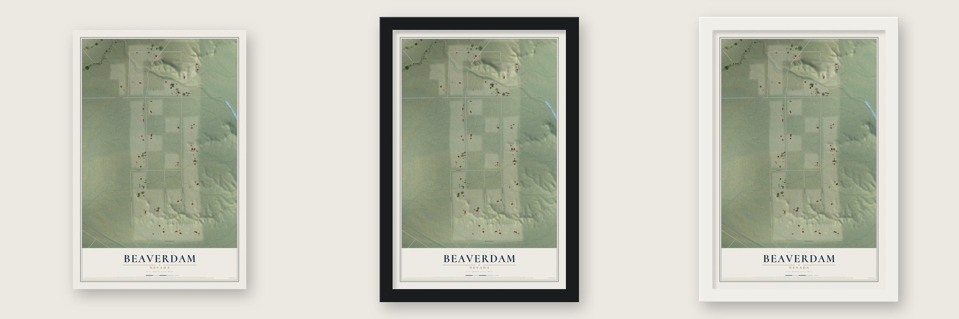 Beaverdam, Nevada map unframed, in a black wood frame and in a white wood frame