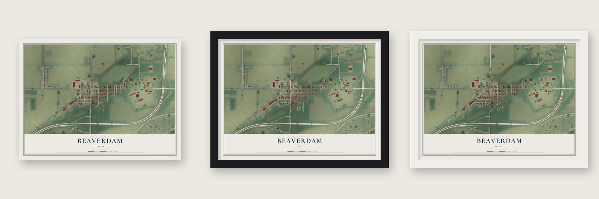 Beaverdam, Ohio map unframed, in a black wood frame and in a white wood frame