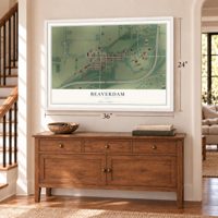 Beaverdam, Ohio map, 24 x 36 inch print in a white frame above a dresser by a staircase