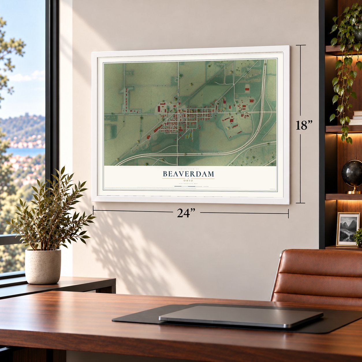 Beaverdam, Ohio map, 18 x 24 inch print in a white frame in a home office