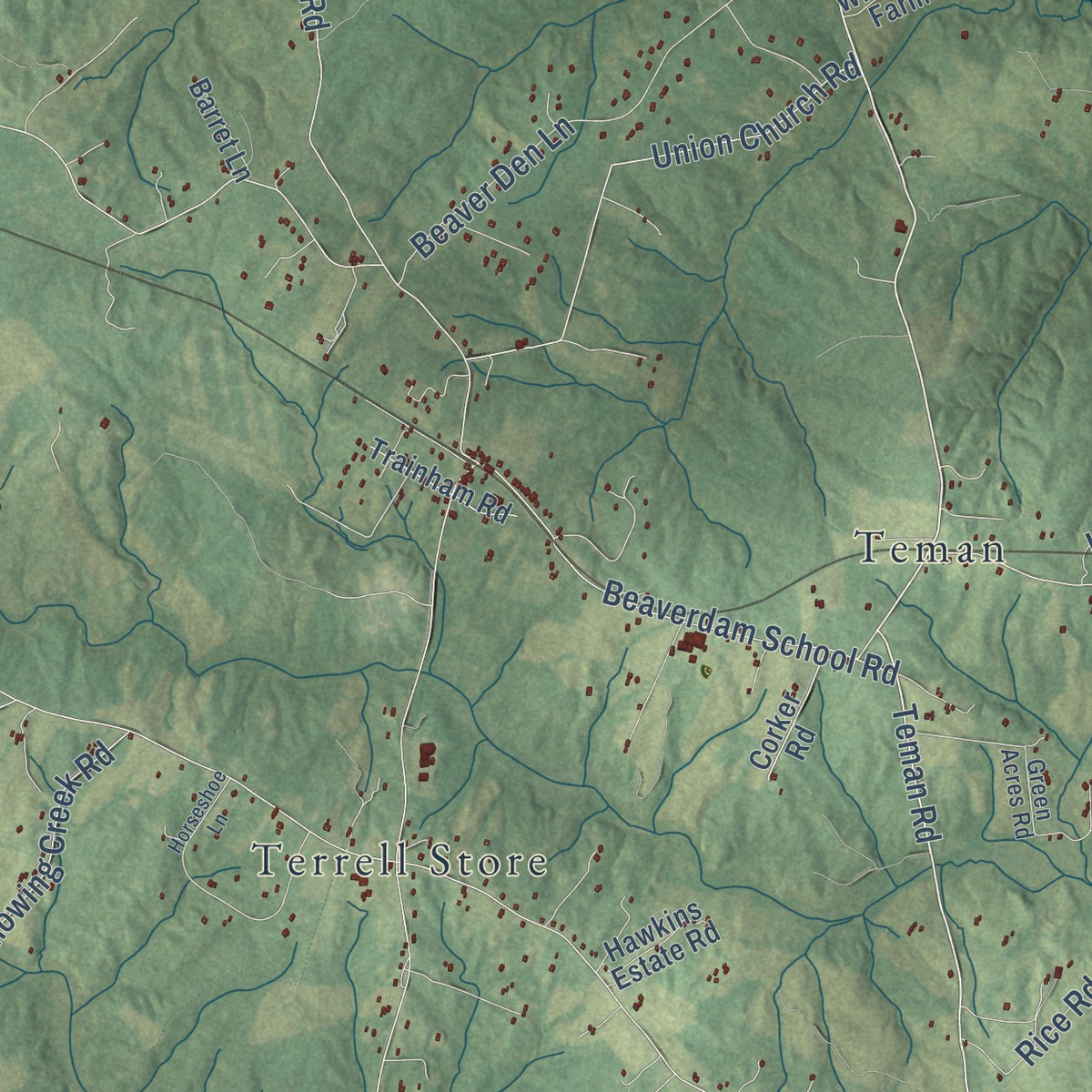 Second close-up of the map of Beaverdam, Virginia print showing more streets and buildings