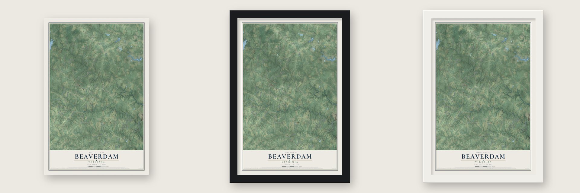 Beaverdam, Virginia map unframed, in a black wood frame and in a white wood frame