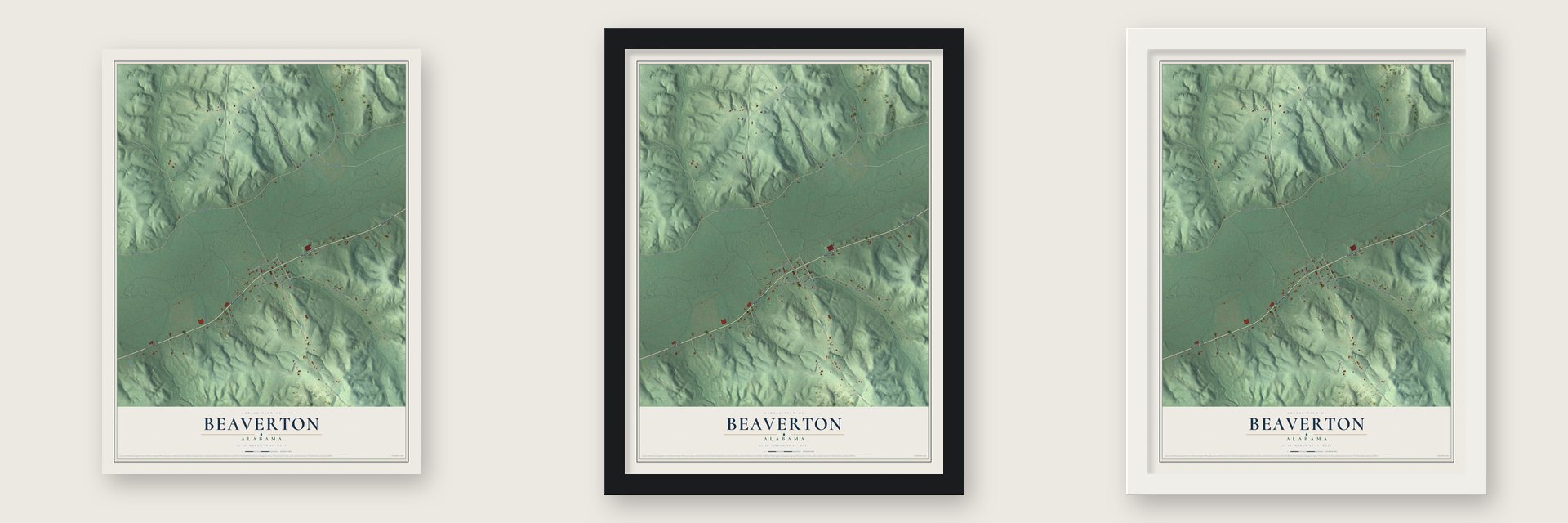 Beaverton, Alabama map unframed, in a black wood frame and in a white wood frame