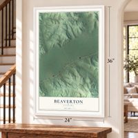 Beaverton, Alabama map, 24 x 36 inch print in a white frame by a staircase