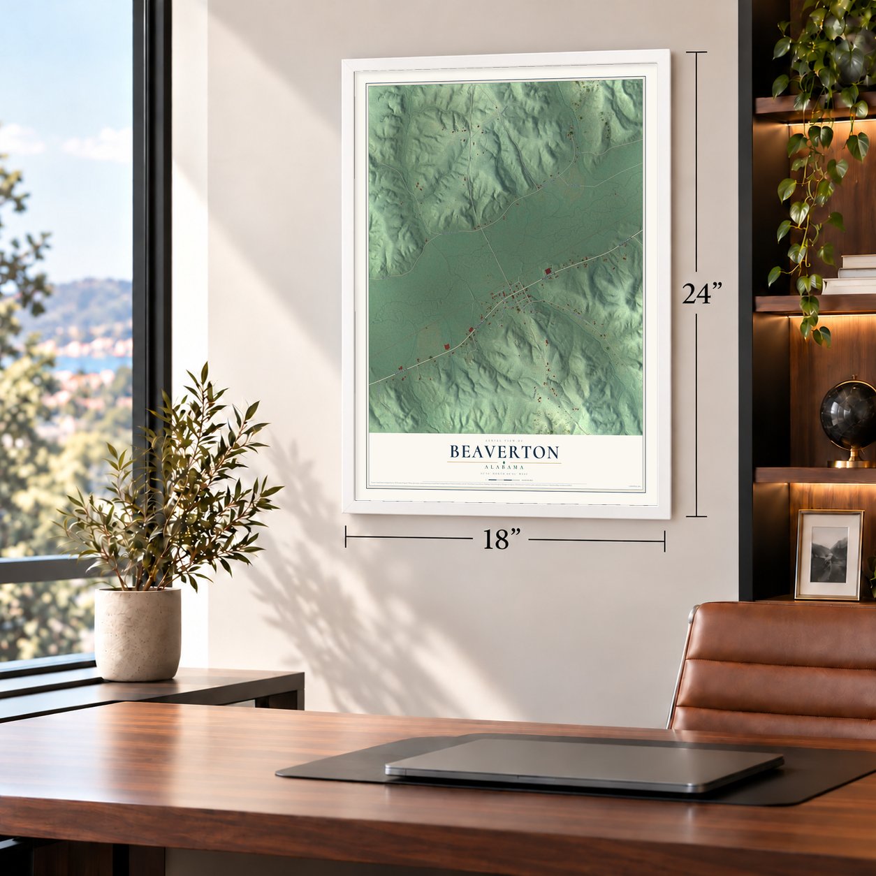 Beaverton, Alabama map, 18 x 24 inch print in a white frame in a home office