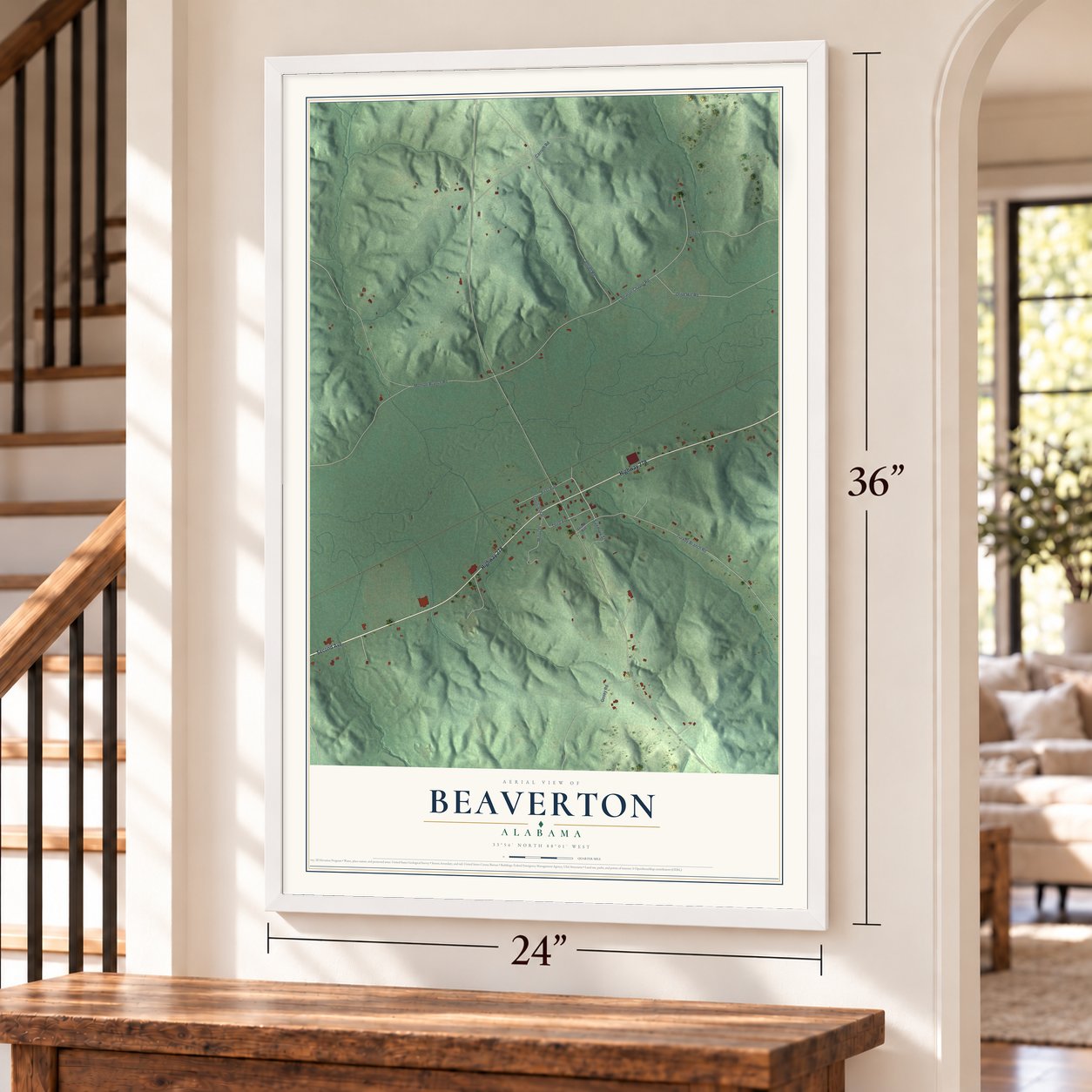 Beaverton, Alabama map, 24 x 36 inch print in a white frame by a staircase
