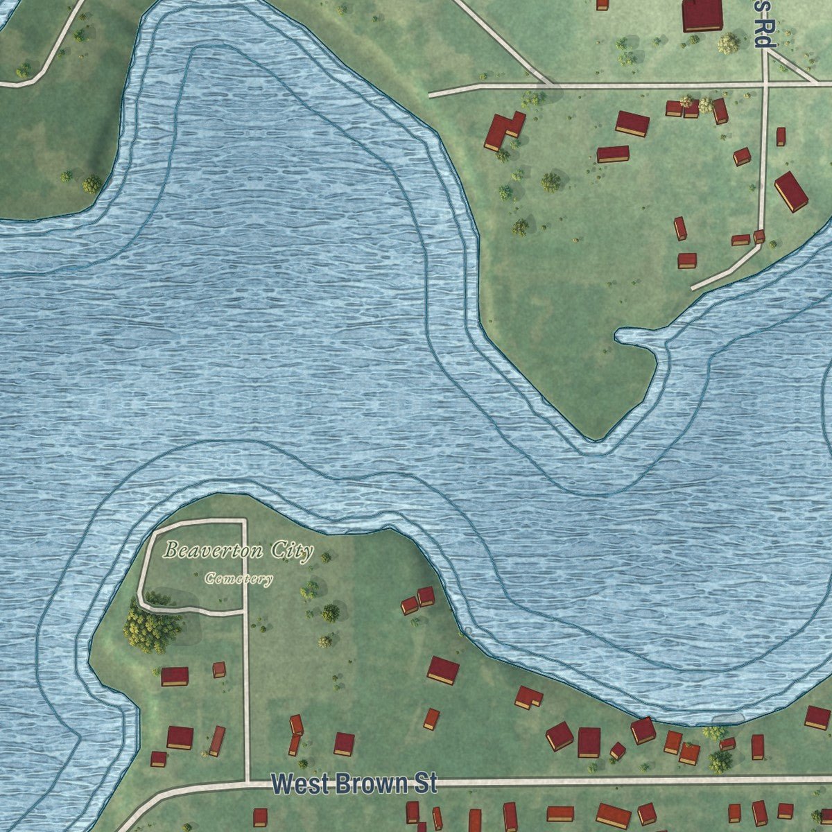 Second close-up of the map of Beaverton, Michigan print showing more streets and buildings