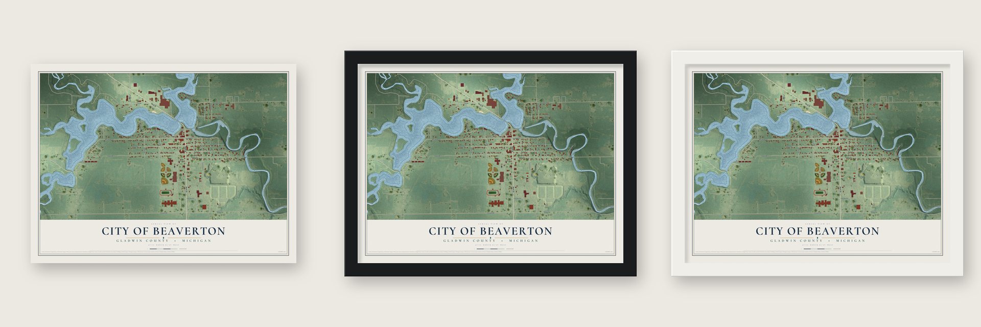 Beaverton, Michigan map unframed, in a black wood frame and in a white wood frame