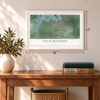 Beaverton, Michigan map, 12 x 18 inch print in a white frame in an entryway