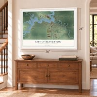 Beaverton, Michigan map, 24 x 36 inch print in a white frame above a dresser by a staircase