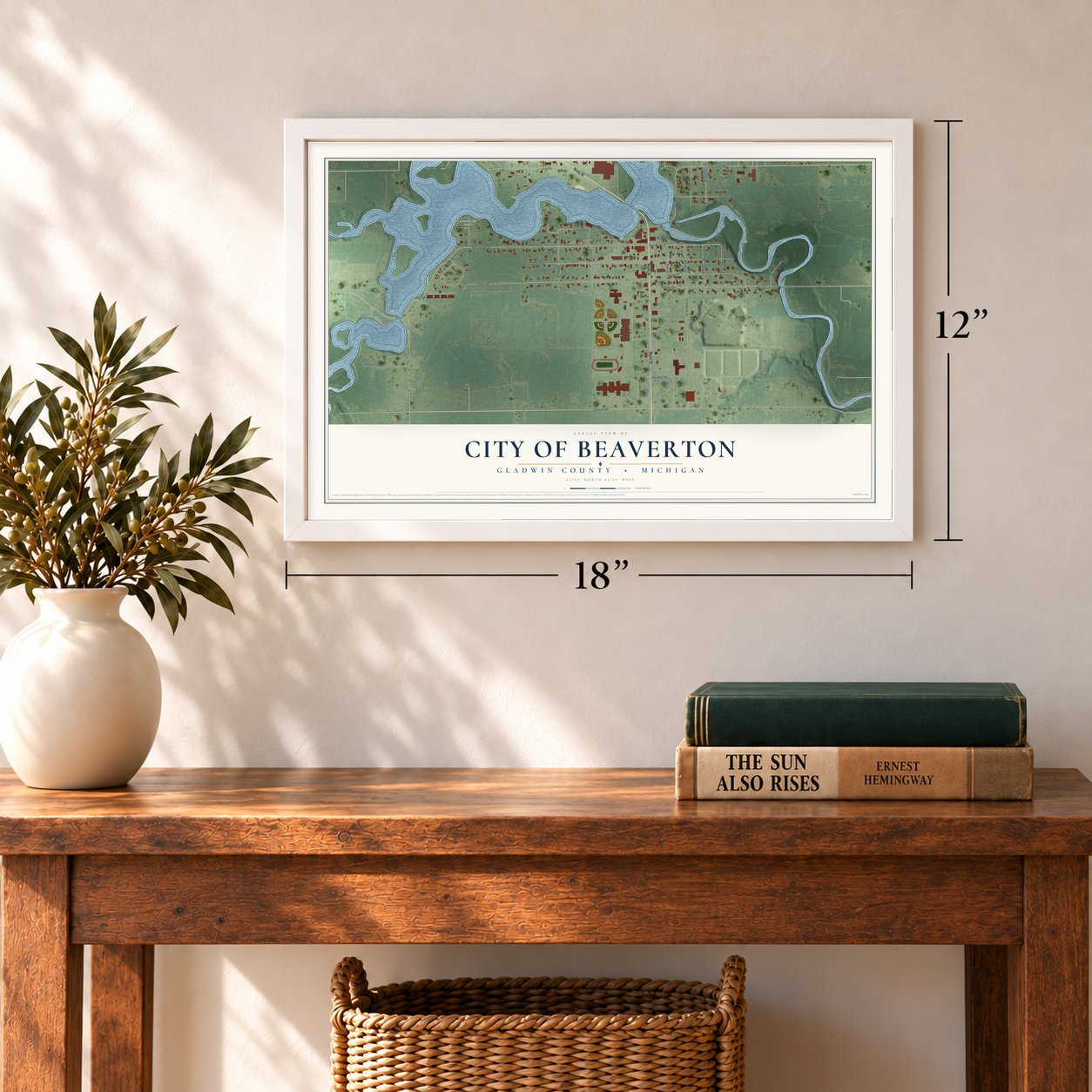 Beaverton, Michigan map, 12 x 18 inch print in a white frame in an entryway