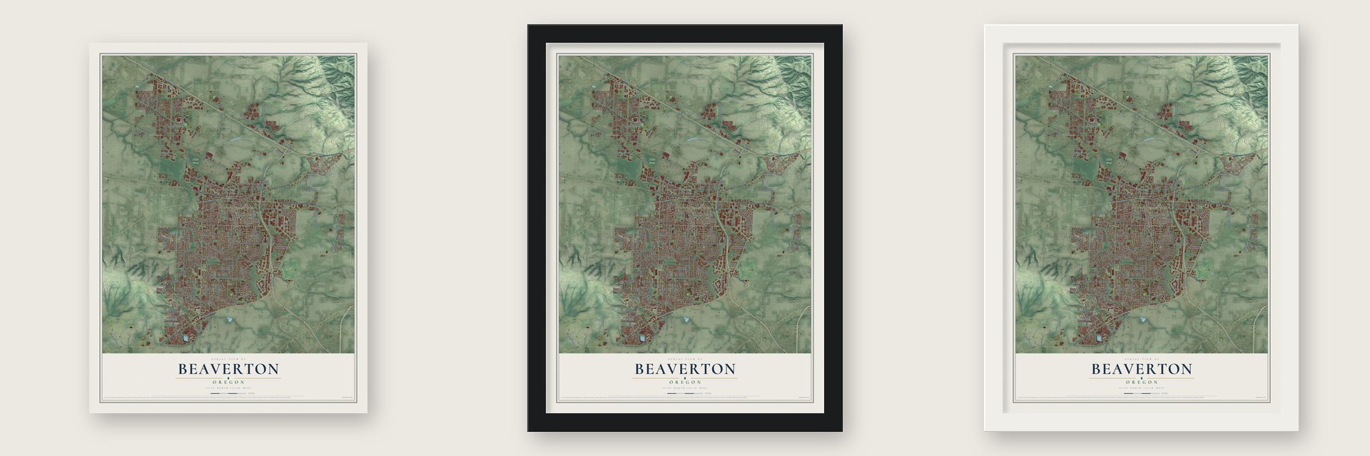 Beaverton, Oregon map unframed, in a black wood frame and in a white wood frame