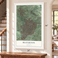 Beaverton, Oregon map, 24 x 36 inch print in a white frame by a staircase