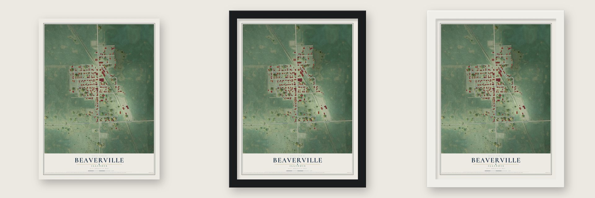 Beaverville, Illinois map unframed, in a black wood frame and in a white wood frame