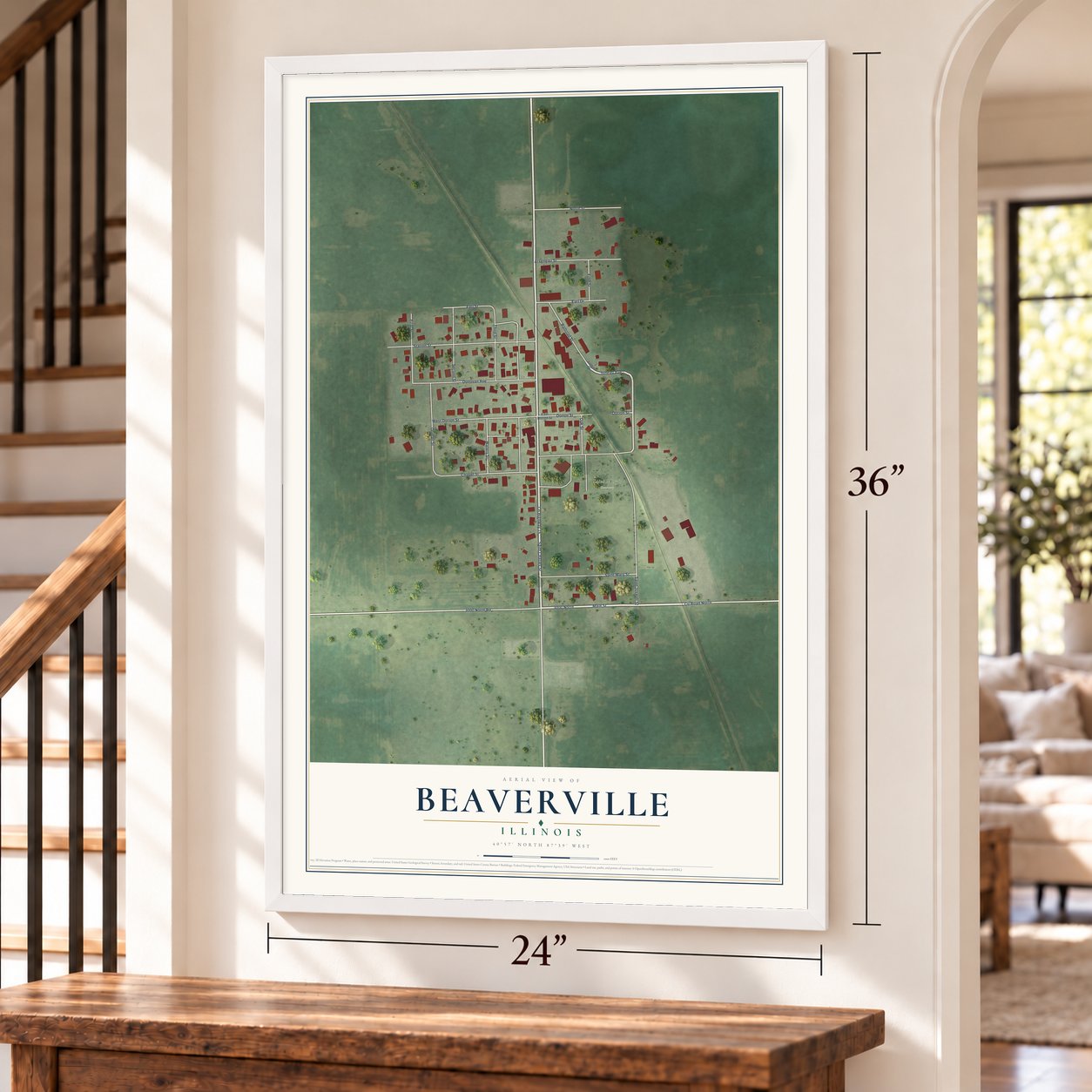 Beaverville, Illinois map, 24 x 36 inch print in a white frame by a staircase