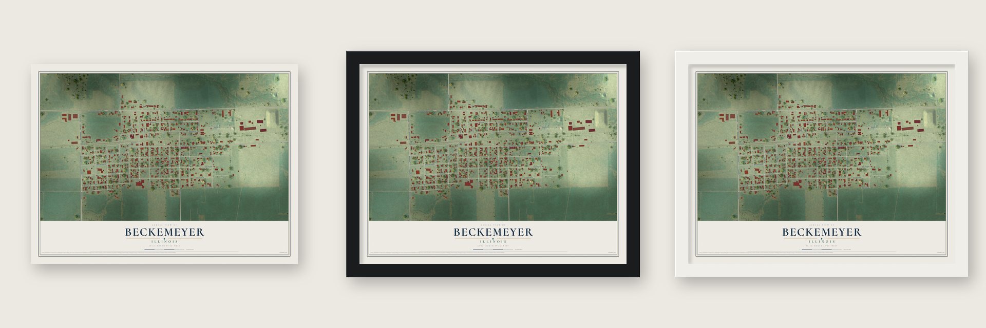 Beckemeyer, Illinois map unframed, in a black wood frame and in a white wood frame