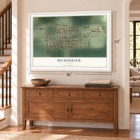 Beckemeyer, Illinois map, 24 x 36 inch print in a white frame above a dresser by a staircase
