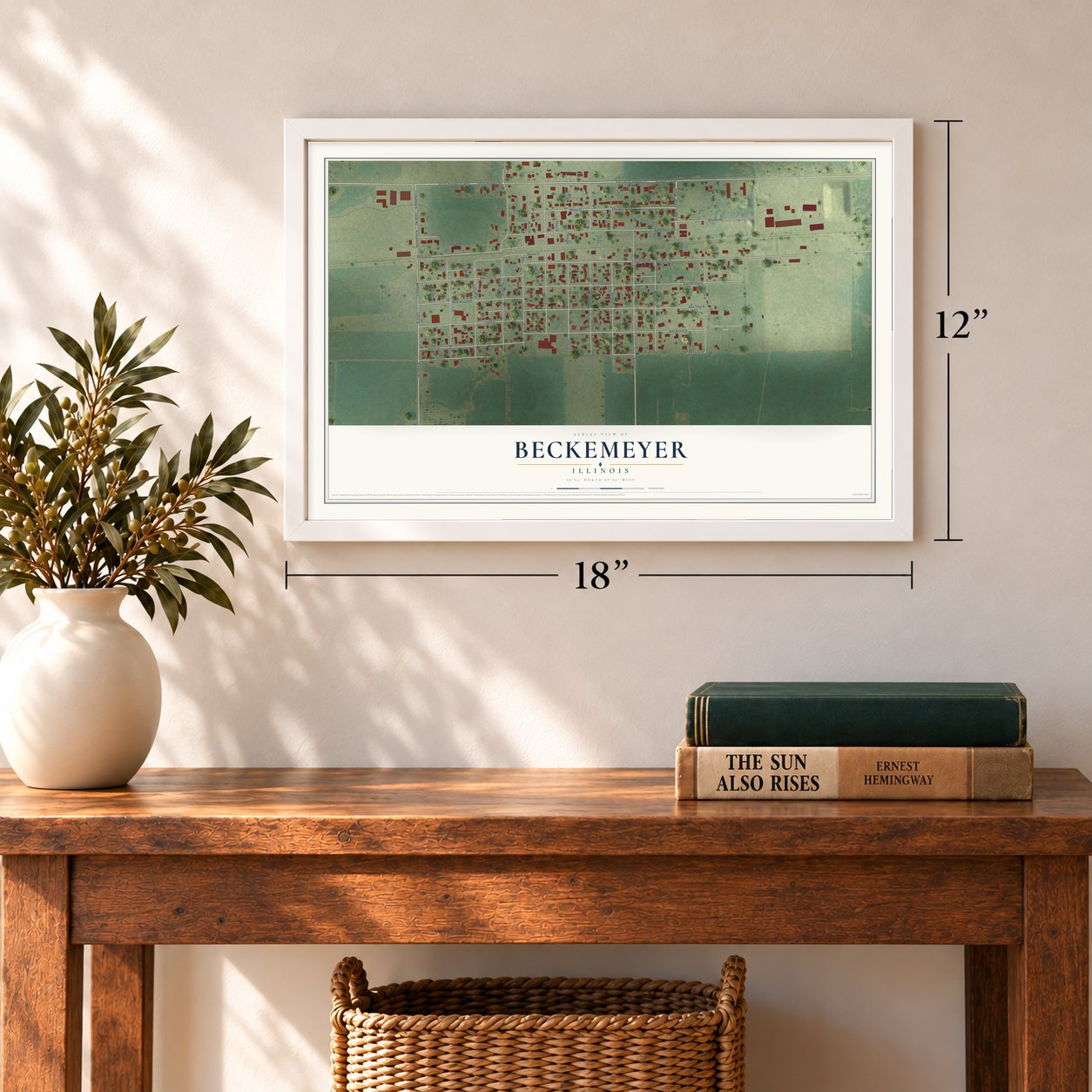Beckemeyer, Illinois map, 12 x 18 inch print in a white frame in an entryway