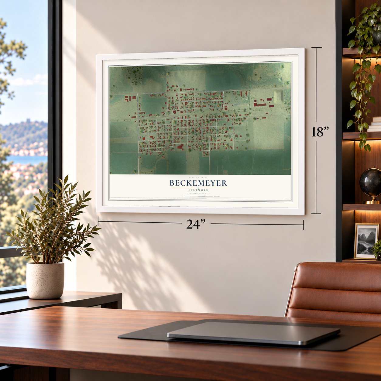 Beckemeyer, Illinois map, 18 x 24 inch print in a white frame in a home office