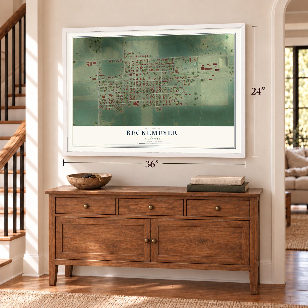 Beckemeyer, Illinois map, 24 x 36 inch print in a white frame above a dresser by a staircase