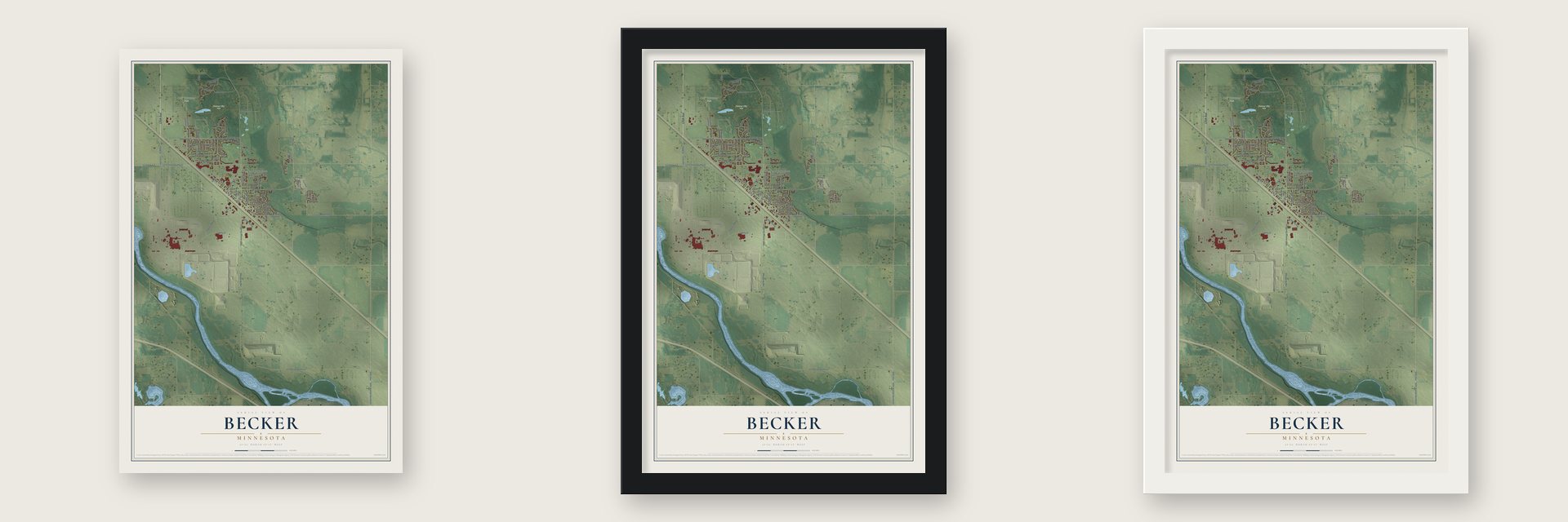 Becker, Minnesota map unframed, in a black wood frame and in a white wood frame
