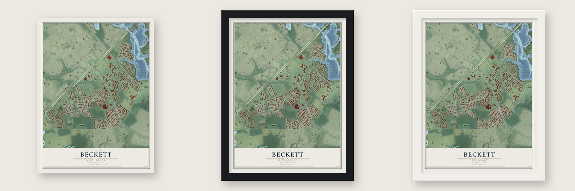 Beckett, New Jersey map unframed, in a black wood frame and in a white wood frame