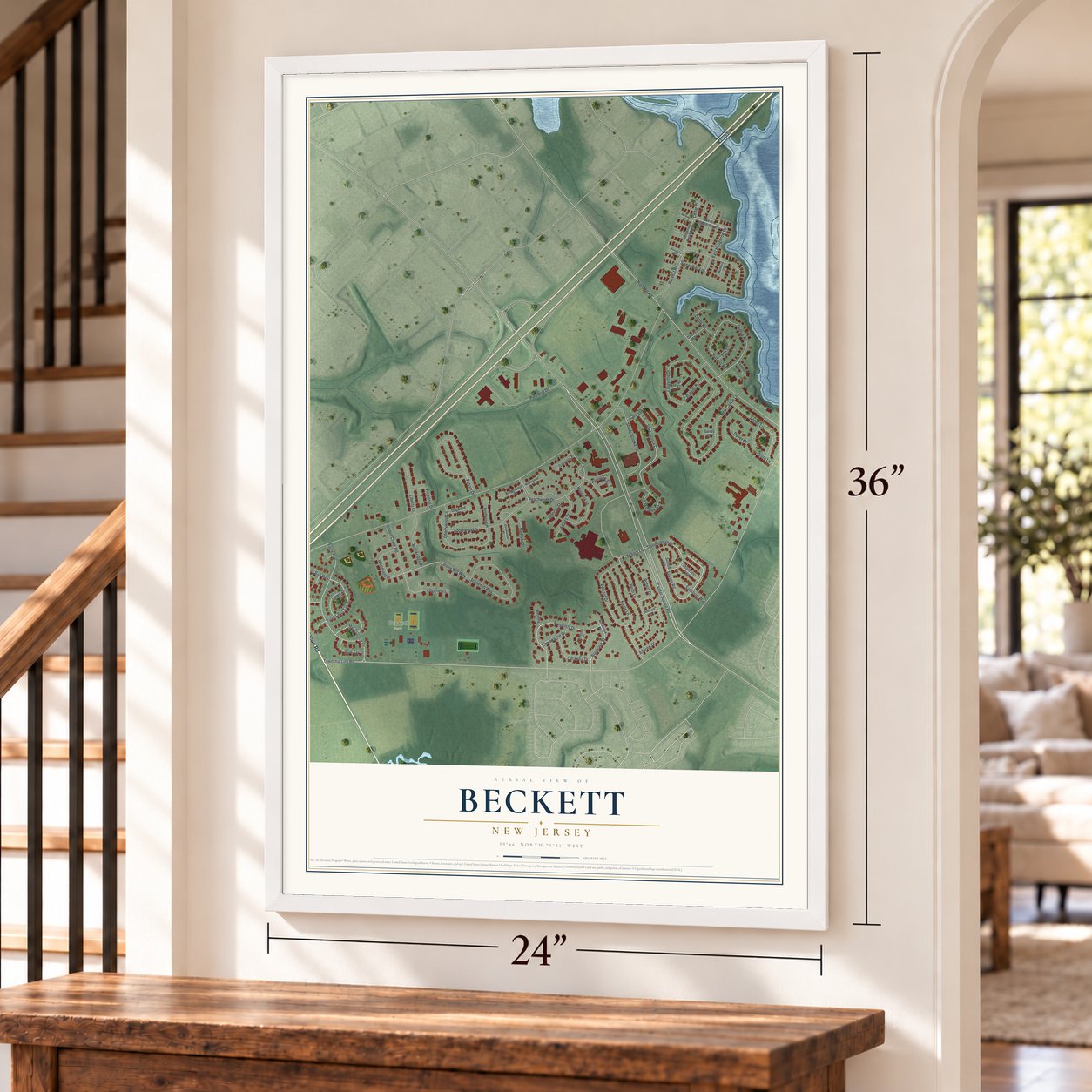 Beckett, New Jersey map, 24 x 36 inch print in a white frame by a staircase