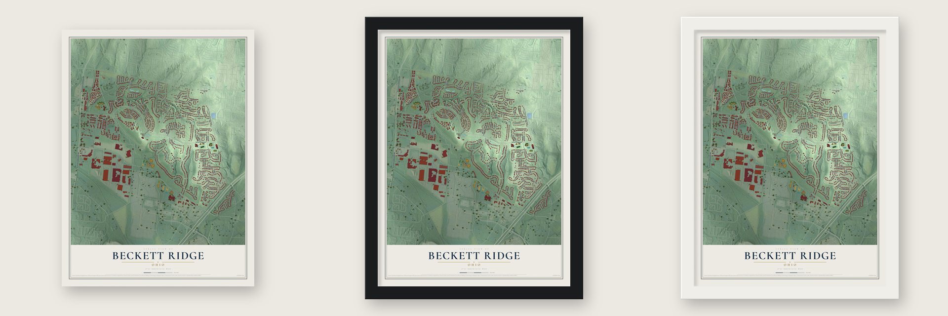 Beckett Ridge, Ohio map unframed, in a black wood frame and in a white wood frame
