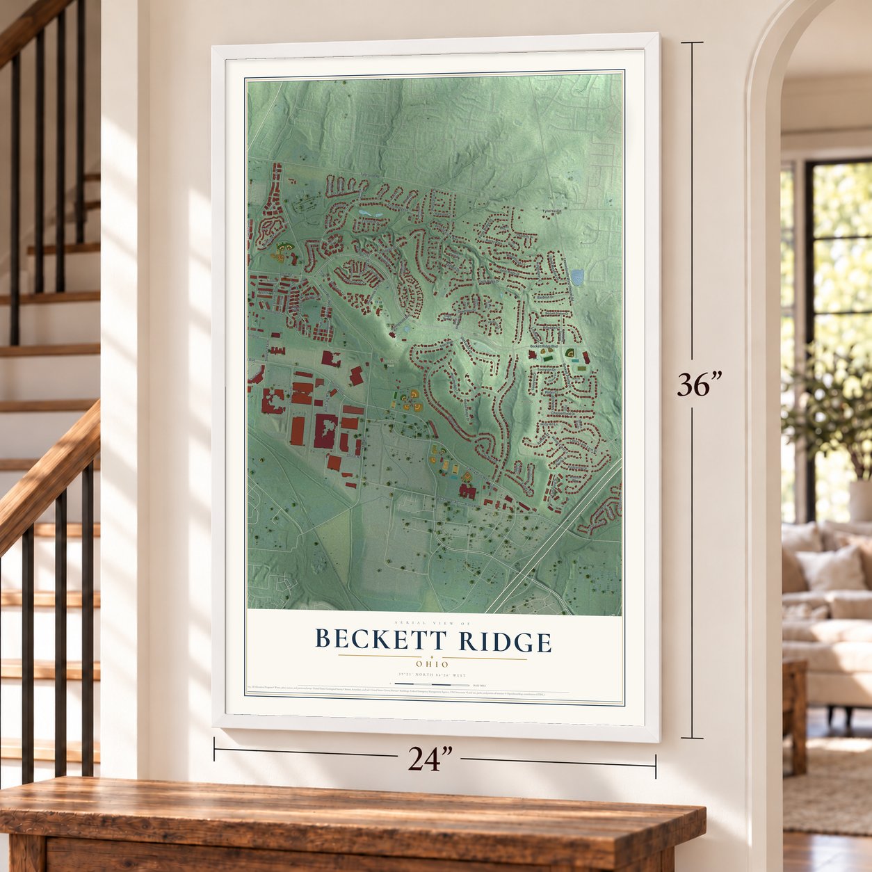 Beckett Ridge, Ohio map, 24 x 36 inch print in a white frame by a staircase