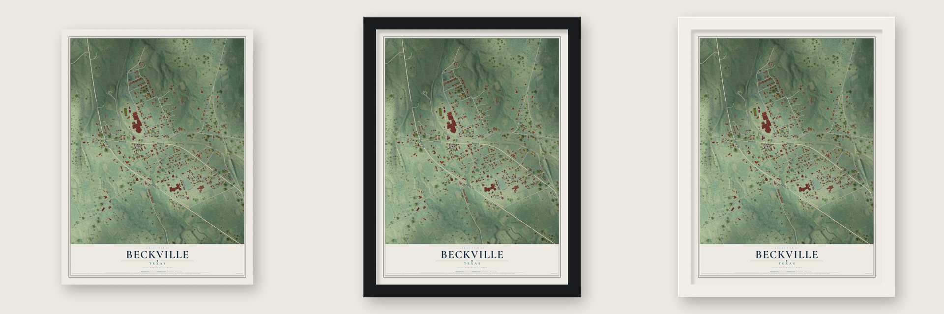 Beckville, Texas map unframed, in a black wood frame and in a white wood frame