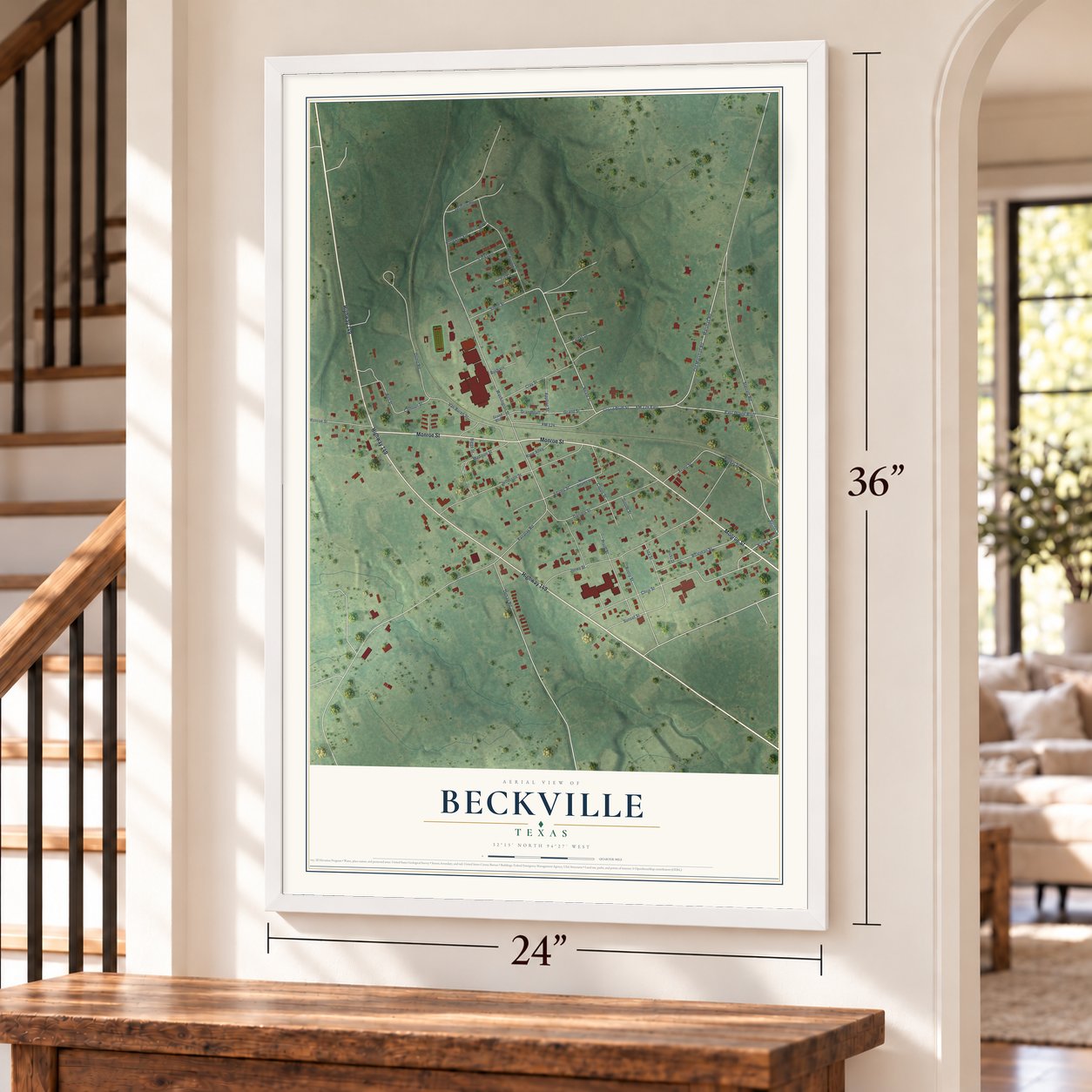 Beckville, Texas map, 24 x 36 inch print in a white frame by a staircase