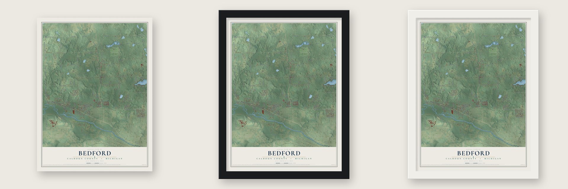 Bedford, Calhoun County, Michigan map unframed, in a black wood frame and in a white wood frame