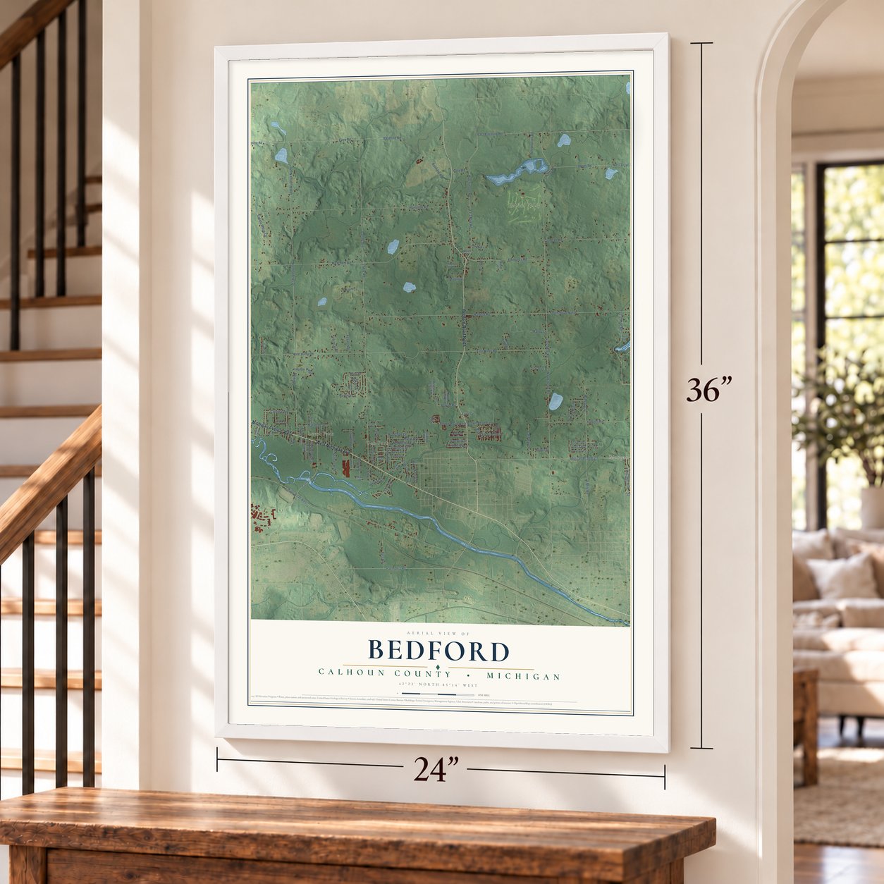 Bedford, Calhoun County, Michigan map, 24 x 36 inch print in a white frame by a staircase