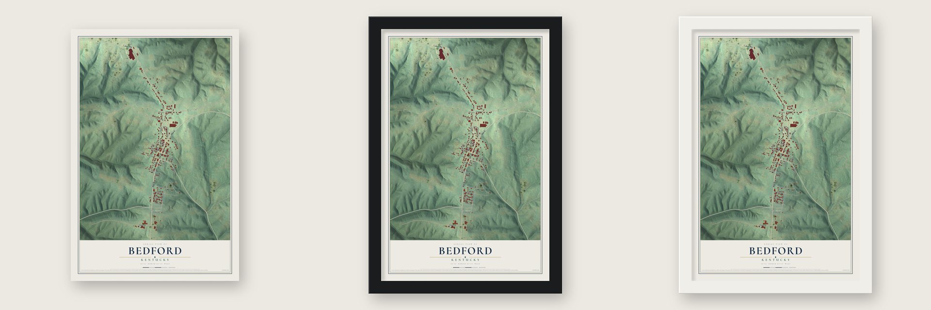 Bedford, Kentucky map unframed, in a black wood frame and in a white wood frame
