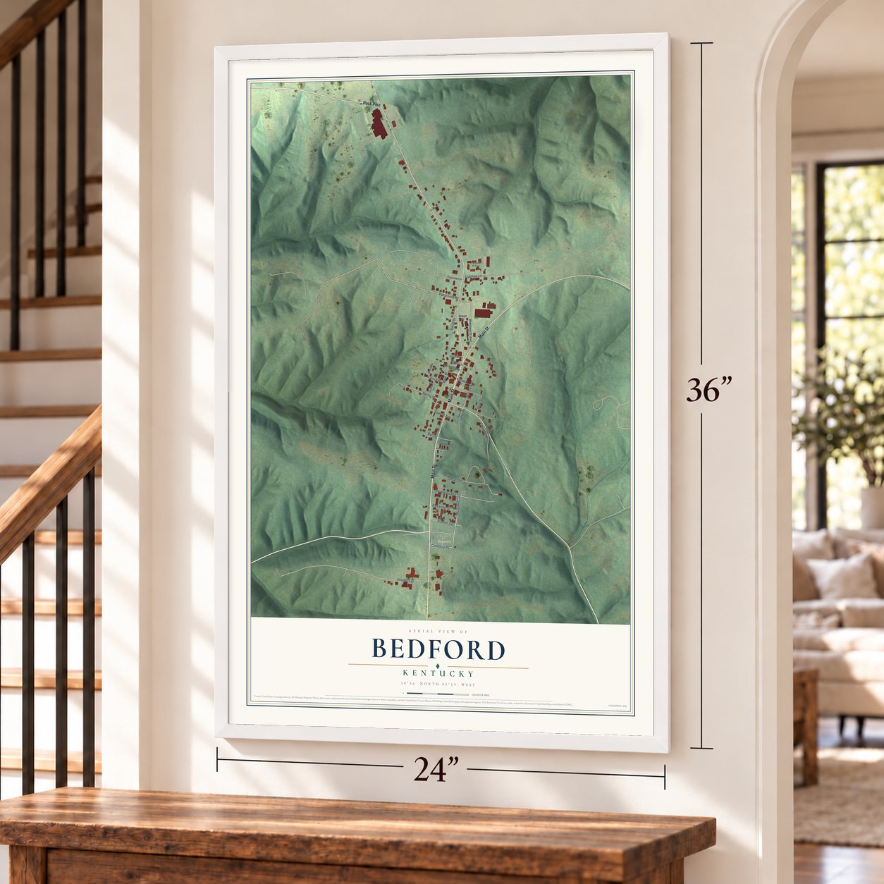 Bedford, Kentucky map, 24 x 36 inch print in a white frame by a staircase