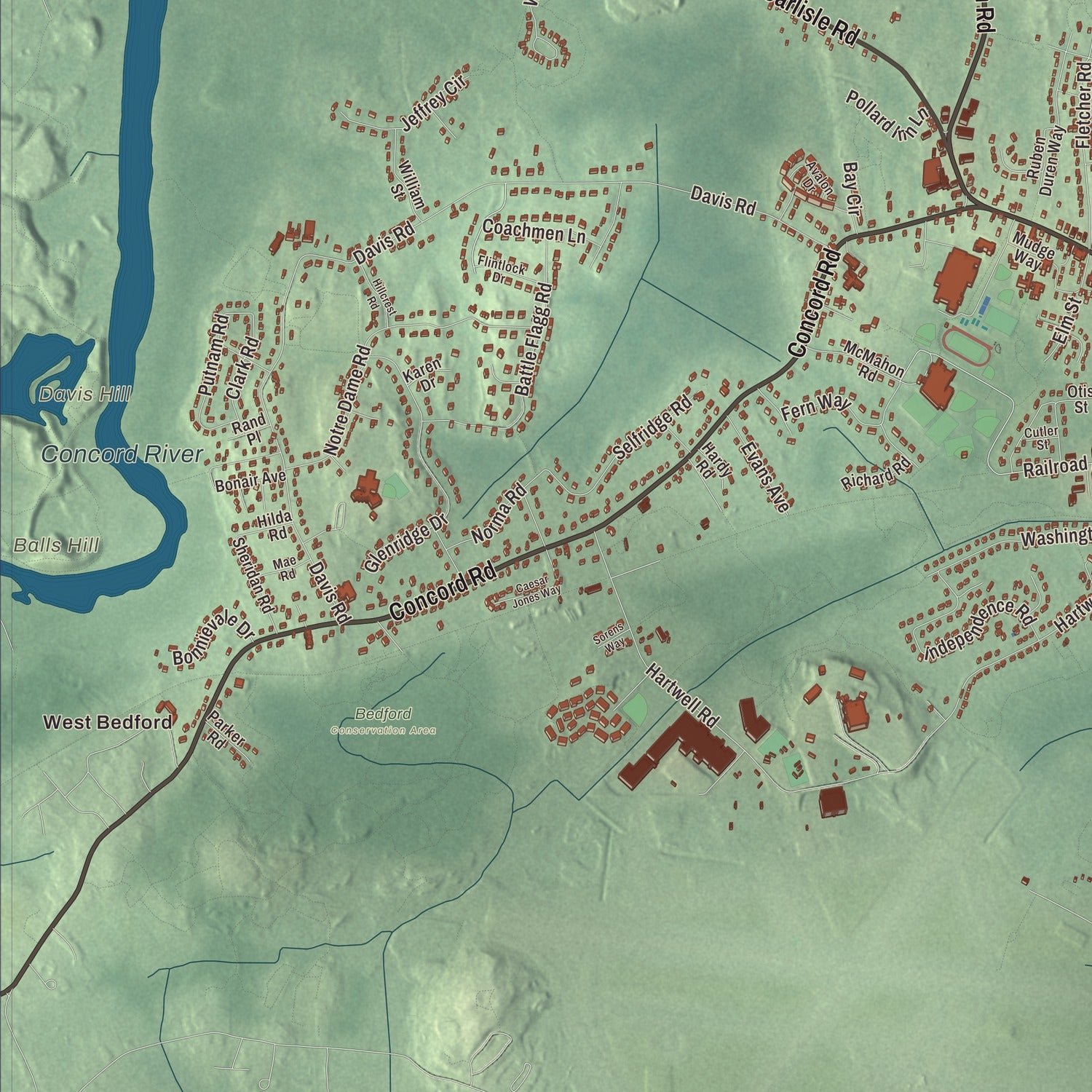 Close-up of the map of Bedford, Massachusetts print showing terrain and local geography
