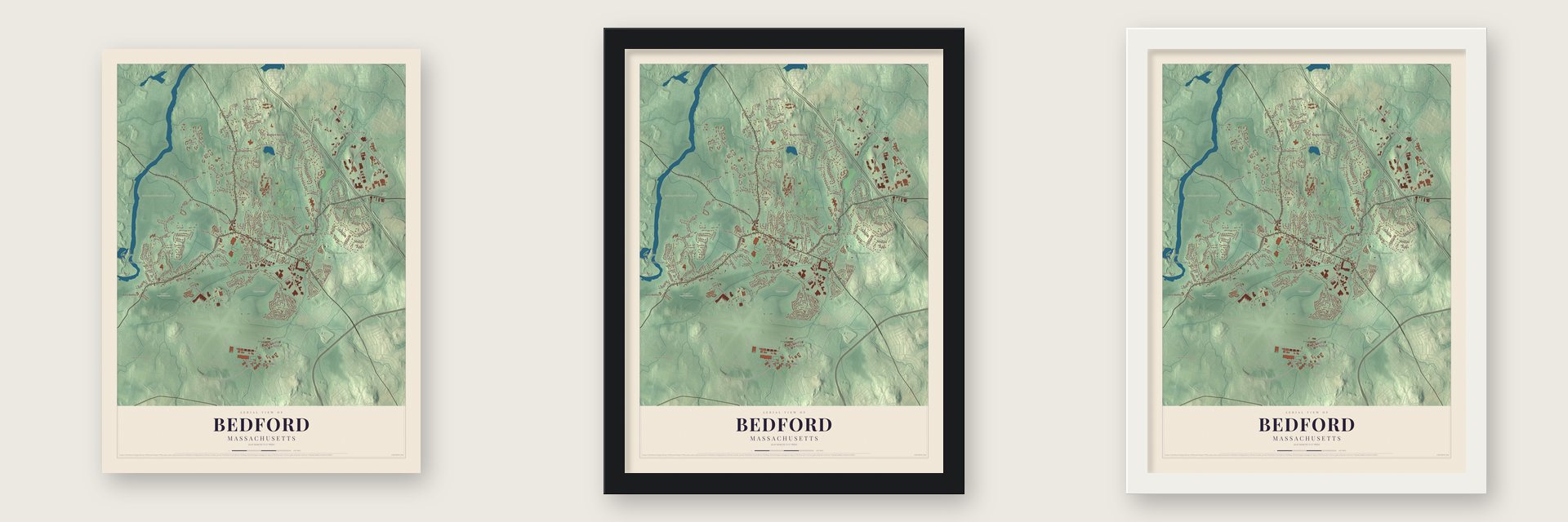 Bedford, Massachusetts map unframed, in a black wood frame and in a white wood frame