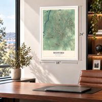 Bedford, Massachusetts map, 18 x 24 inch print in a white frame in a home office