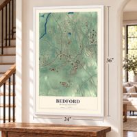Bedford, Massachusetts map, 24 x 36 inch print in a white frame by a staircase