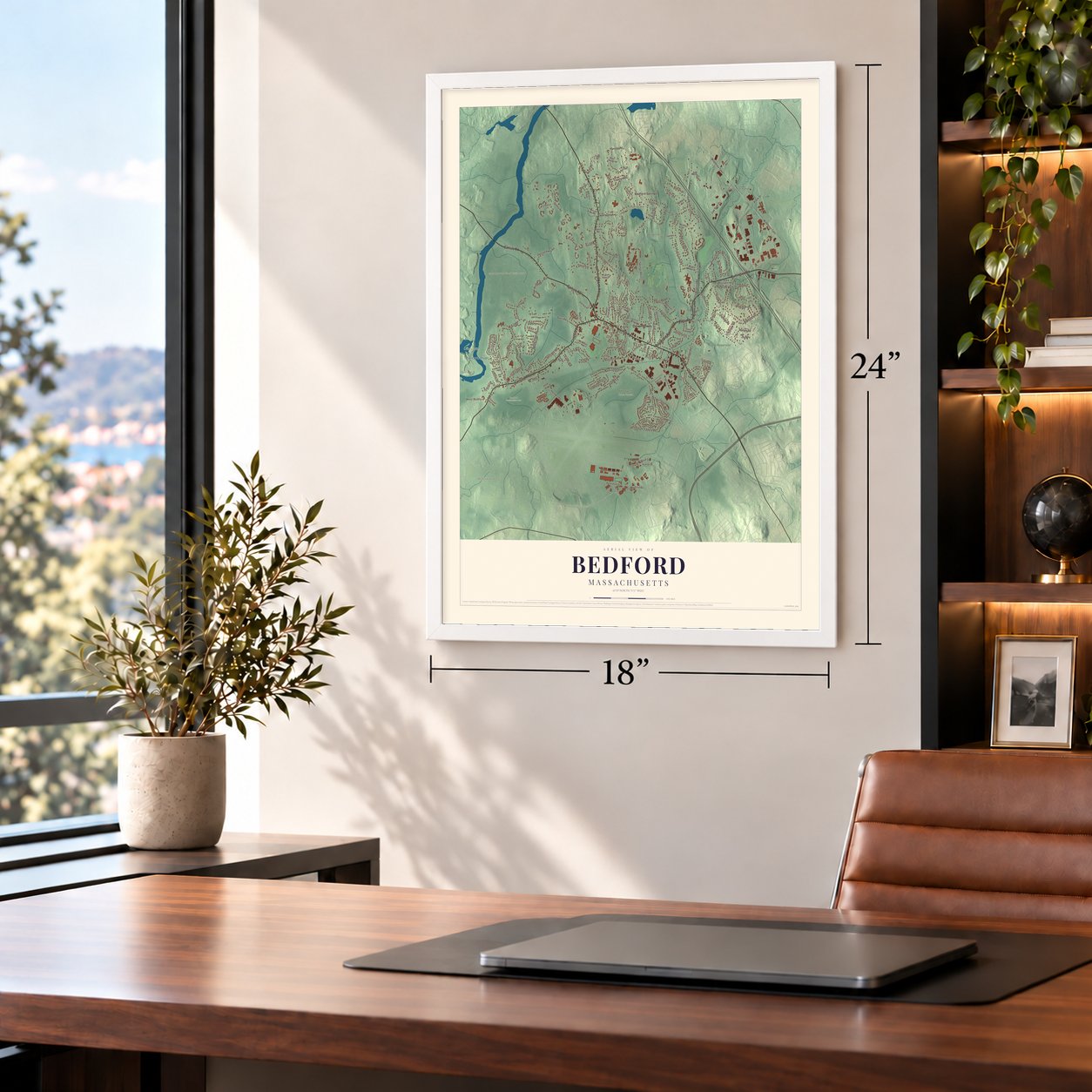 Bedford, Massachusetts map, 18 x 24 inch print in a white frame in a home office