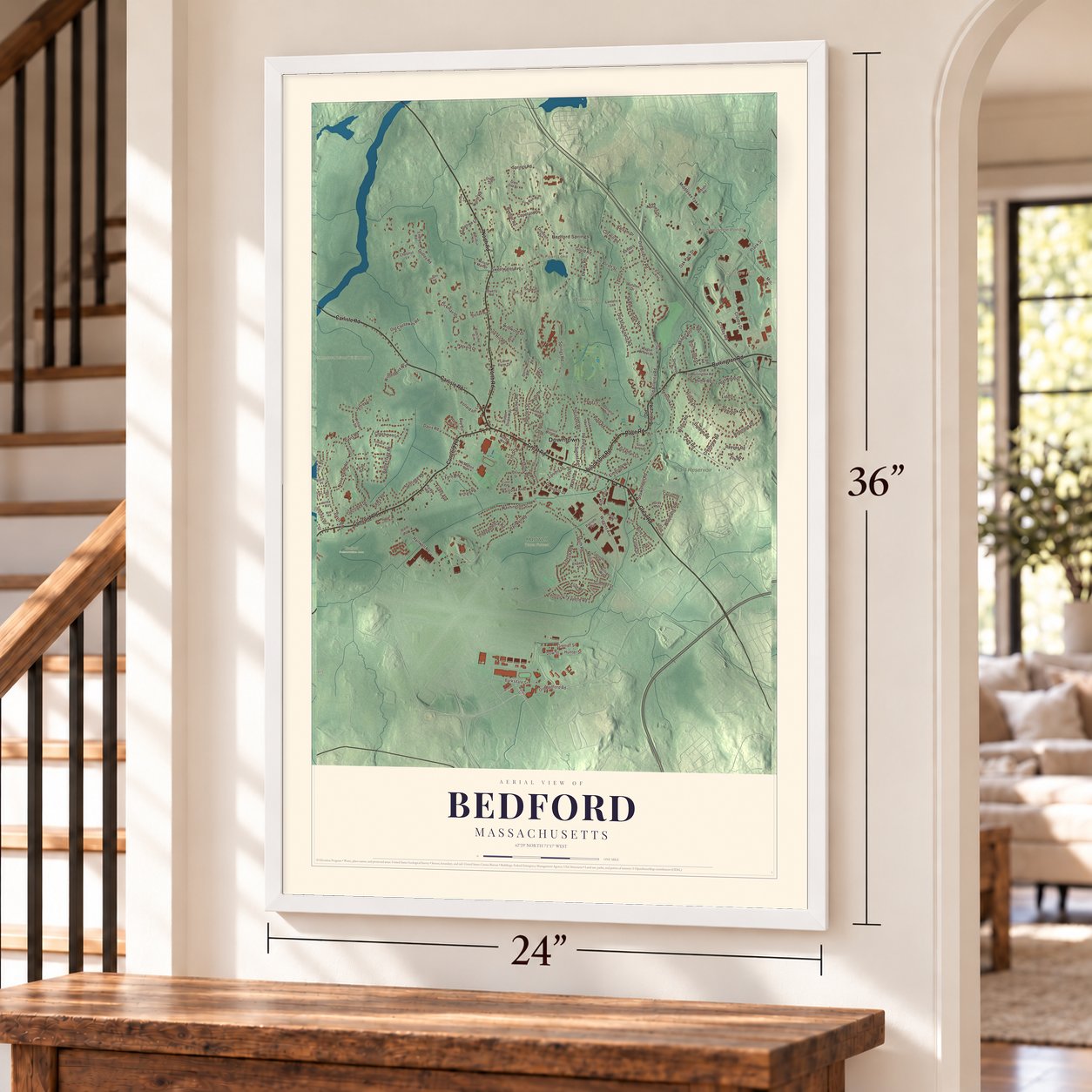 Bedford, Massachusetts map, 24 x 36 inch print in a white frame by a staircase