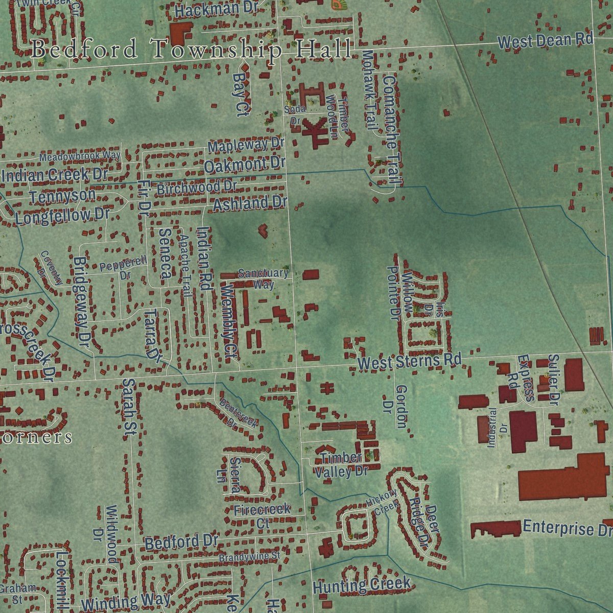Second close-up of the map of Bedford, Monroe County, Michigan print showing more streets and buildings