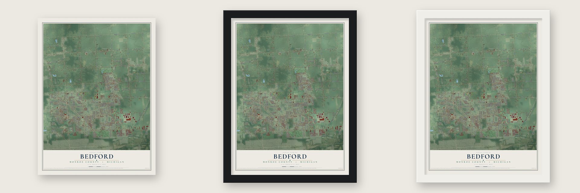 Bedford, Monroe County, Michigan map unframed, in a black wood frame and in a white wood frame