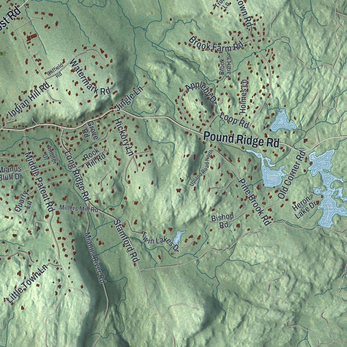 Second close-up of the map of Bedford, New York print showing more streets and buildings