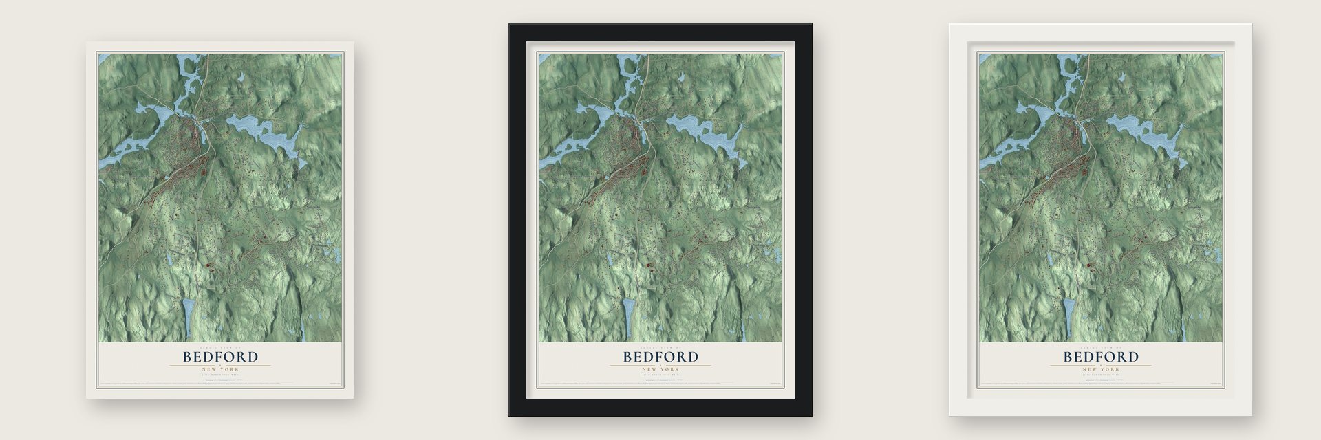 Bedford, New York map unframed, in a black wood frame and in a white wood frame