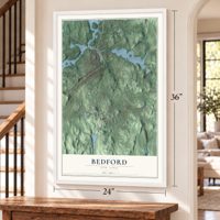 Bedford, New York map, 24 x 36 inch print in a white frame by a staircase