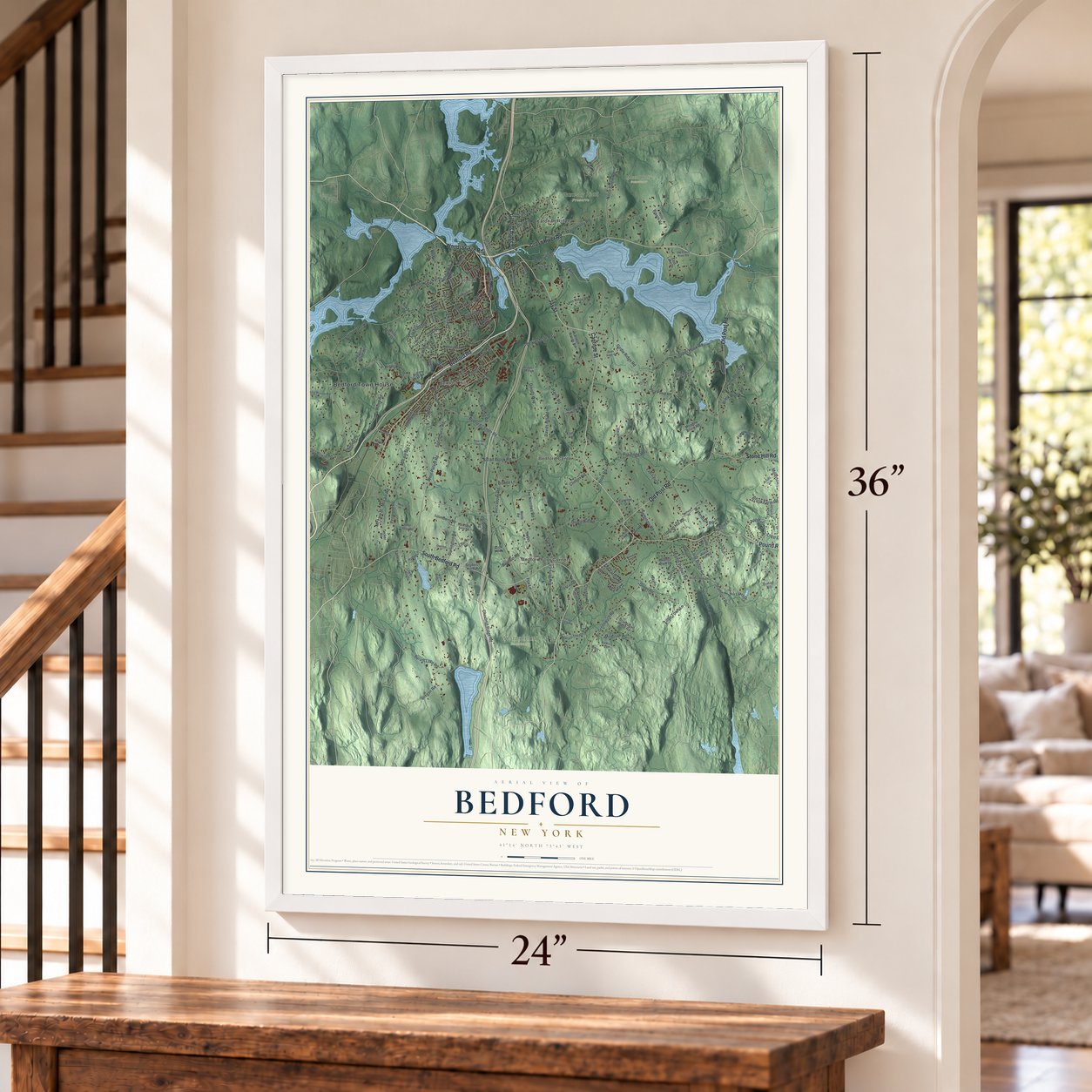 Bedford, New York map, 24 x 36 inch print in a white frame by a staircase
